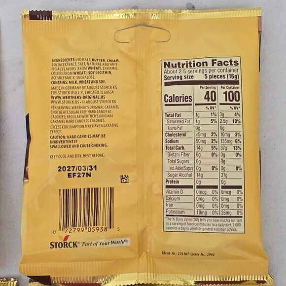 4 PACK Werther's Original SUGAR FREE CARAMEL CHOCOLATE Hard Candies 1.46oz bag/e - Picture 4 of 6